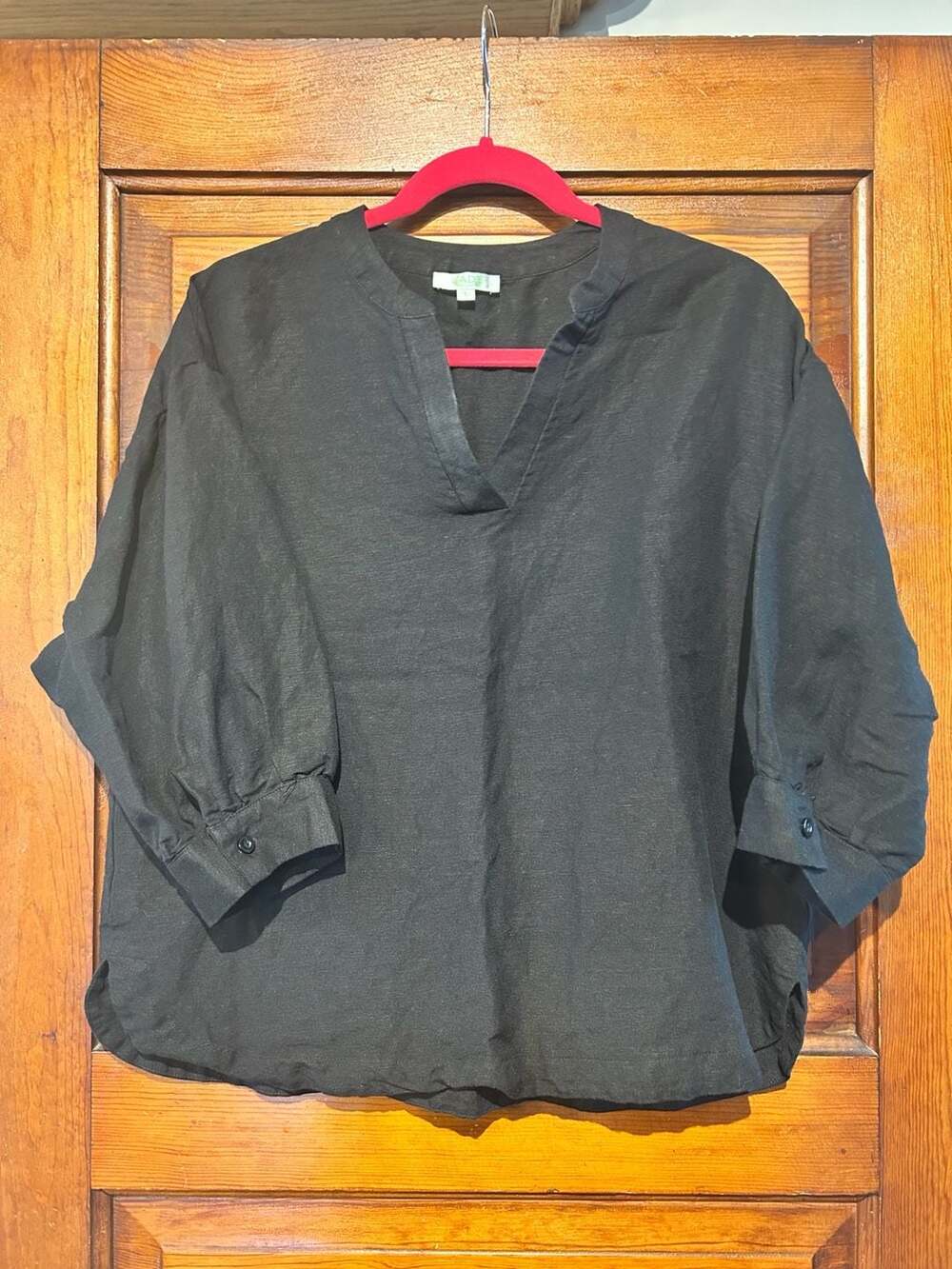 Jade Melody Tam Black 100% Linen Split Neck Long Sleeve Top Size L